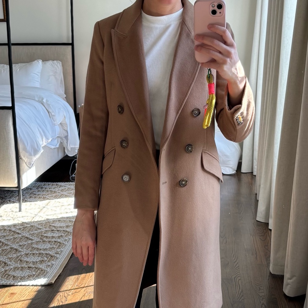 J crew tan double breasted Italian cashmere wool coat